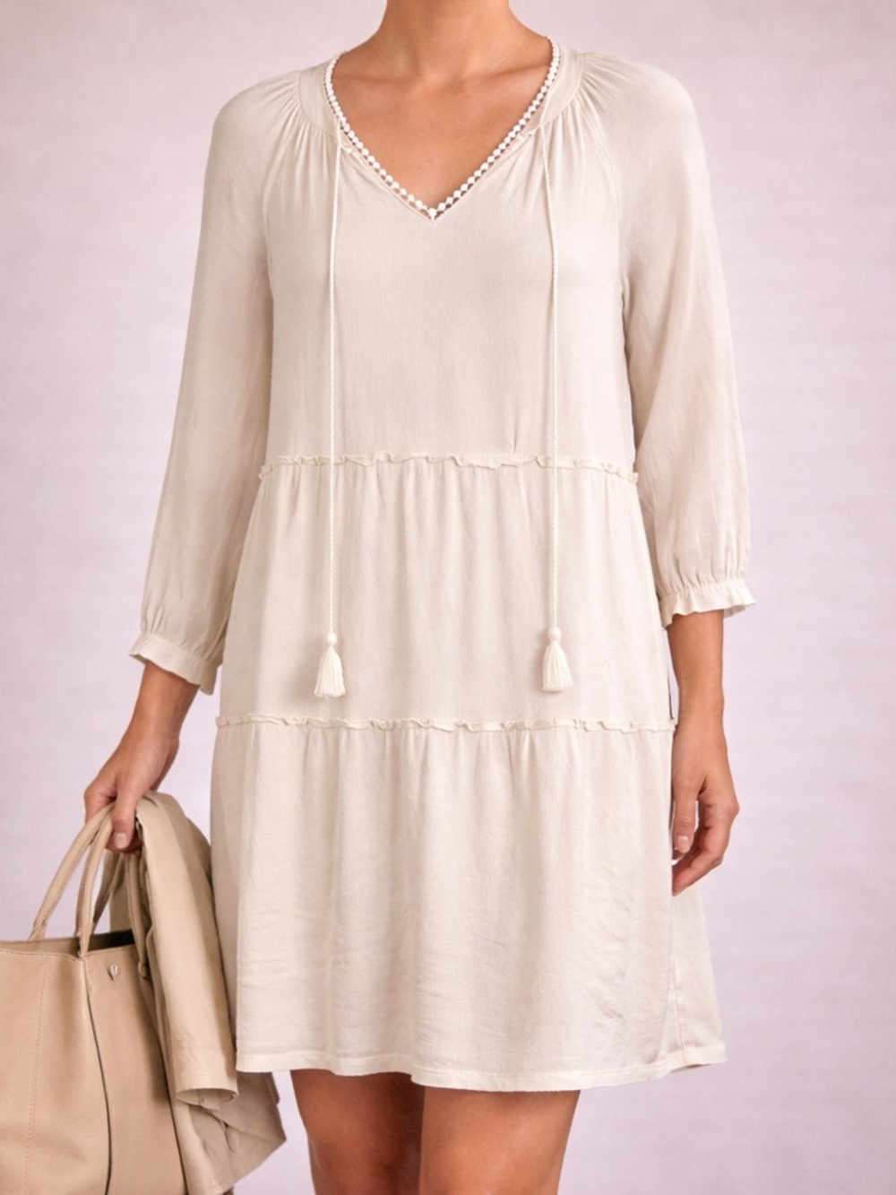 Cream‎ Tiered Lace Trim Dress Med? Boho Cottagecore Romantic Minimalism
